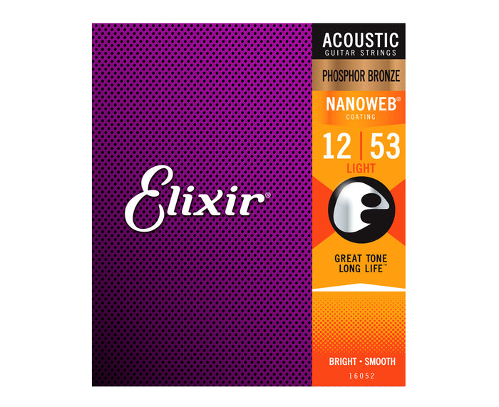 Elixir Nanoweb Phosphor Bronze Acoustic Guitar Strings 12-53 Light 16052