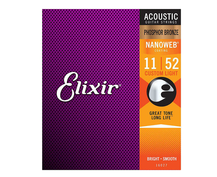 Elixir Nanoweb Phosphor Bronze Acoustic Guitar Strings 11-52 Light 16027