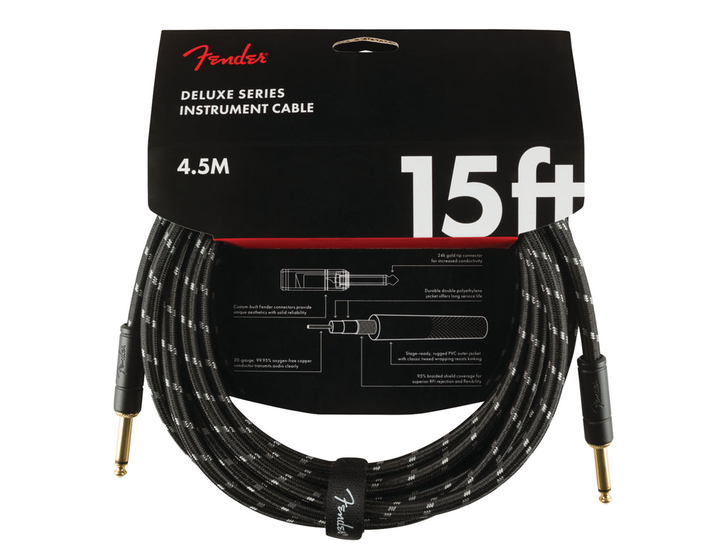 Fender Deluxe Series Black Tweed Instrument Cable, Straight/Straight, 15 Foot - Megatone Music