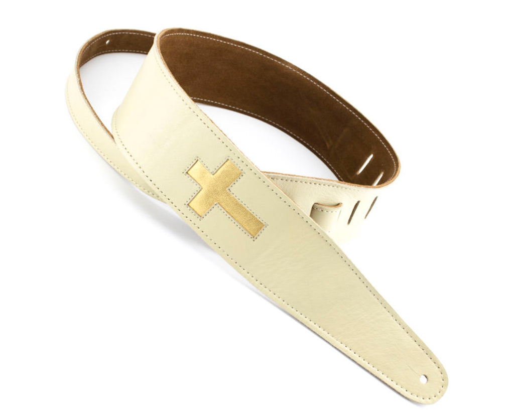 Henry Heller 2.5" Bone Colored Garment Leather Guitar Strap with Gold Cross