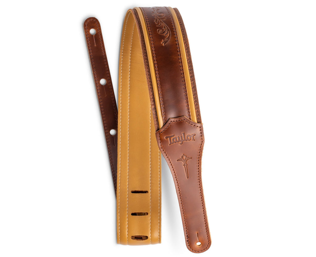 Taylor Guitars Nouveau Embroidered 2.5" Leather Guitar Strap in Brown and Butterscotch