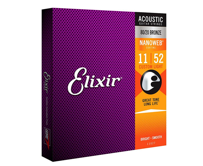 Elixir Nanoweb 80/20 Bronze Acoustic Guitar Strings 11-52 Custom Light 11027