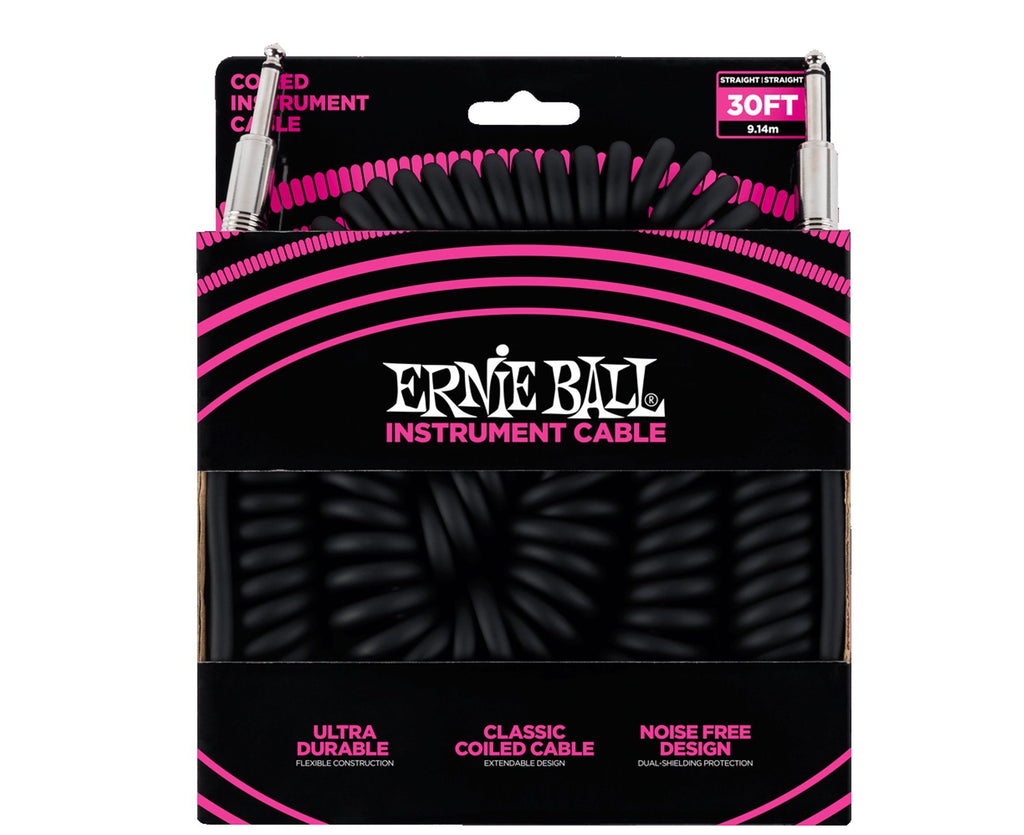 Ernie Ball 30' Ultraflex Coiled Black Guitar Cable Straight to Straight 1/4" - Megatone Music