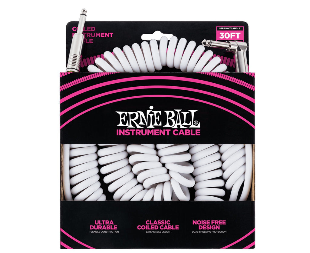 Ernie Ball 30' Ultraflex Coiled White Guitar Cable Straight to Right Angle 1/4" - Megatone Music