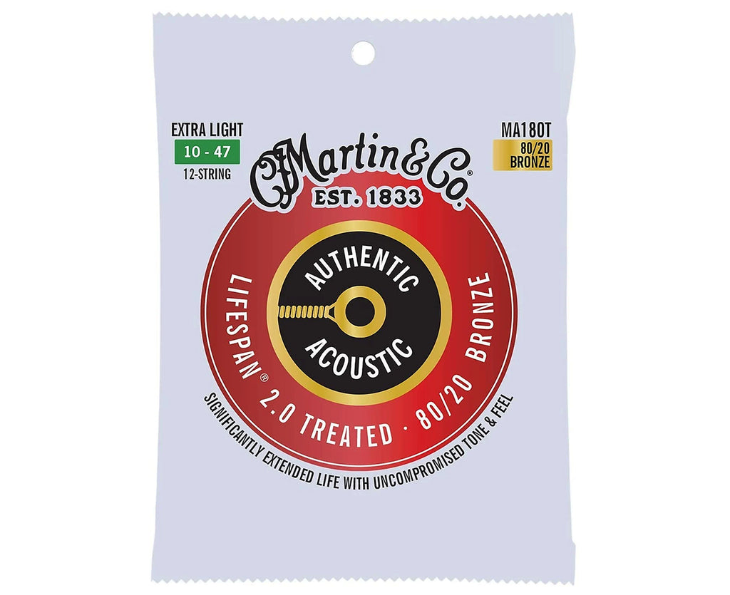 Martin MA180T Authentic Acoustic Lifespan 2.0 80/20 Bronze 12-String Acoustic Guitar Strings - Extra Light (.10 - .47)